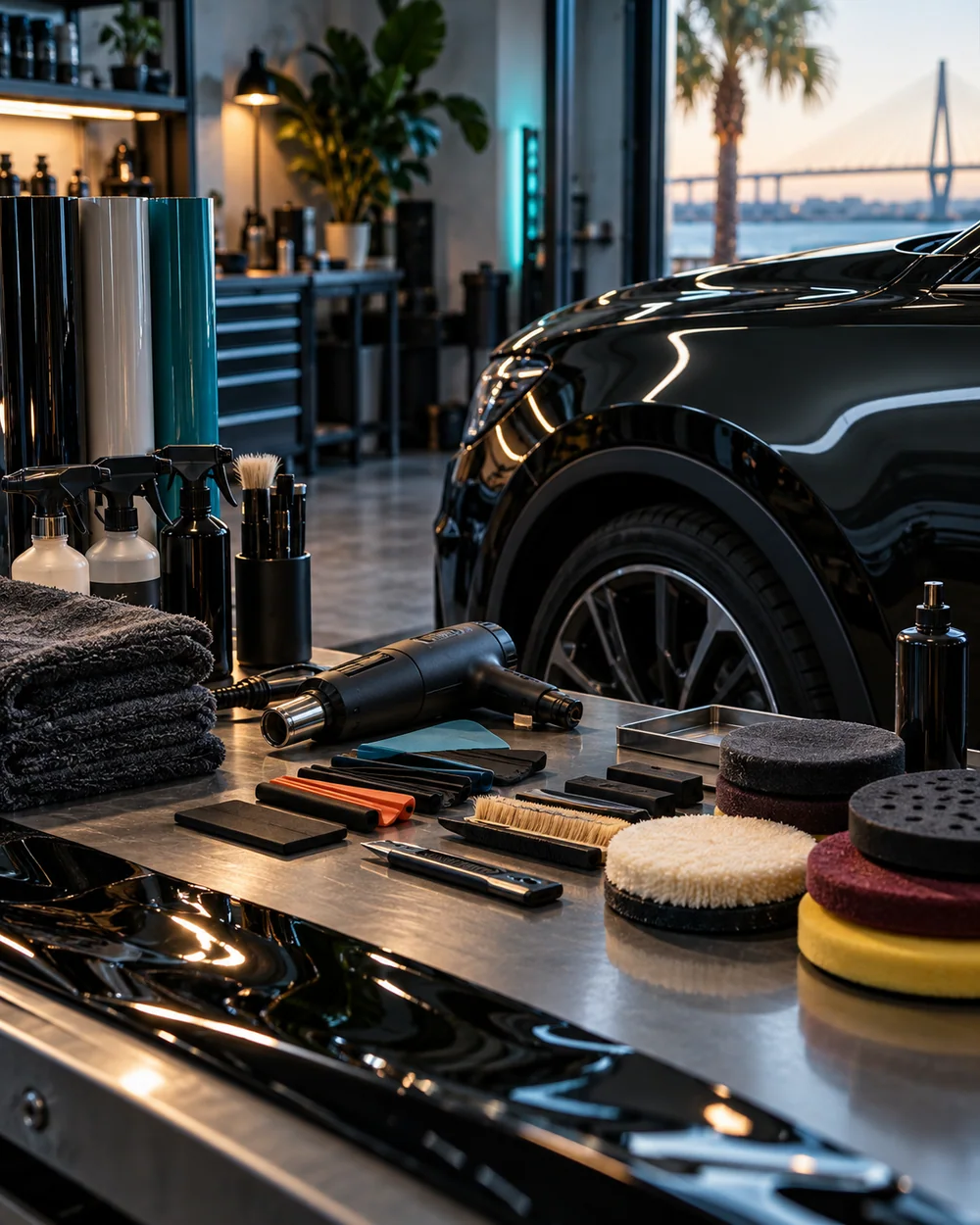 Hands inspecting the glossy body line of an unbranded black coupe