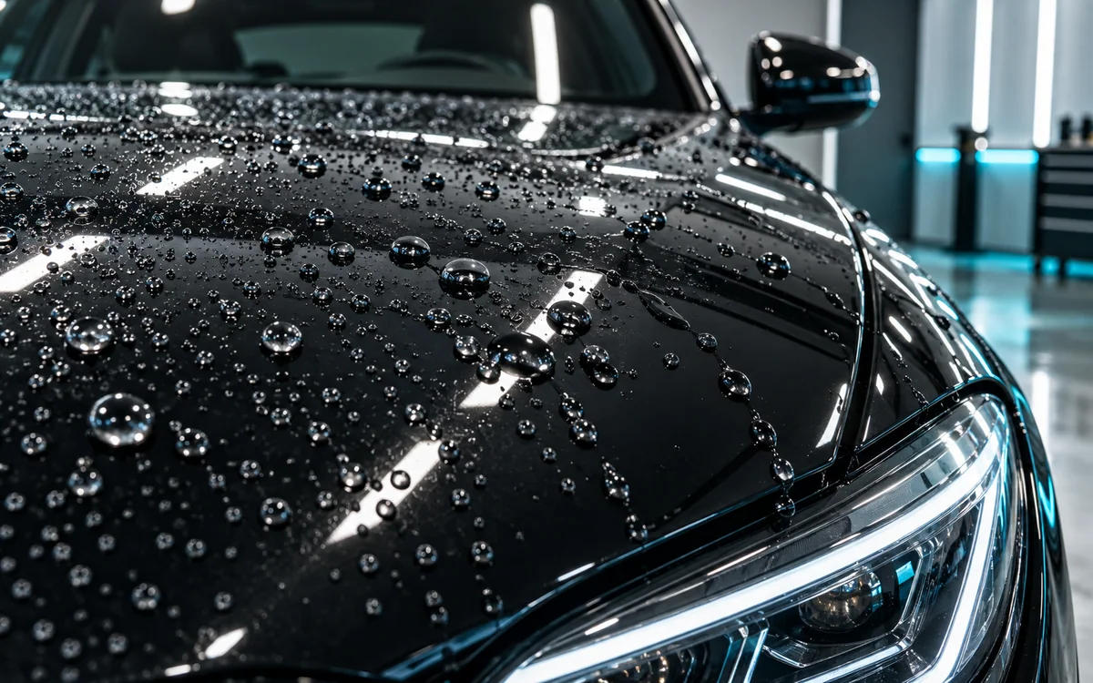 Dense water beads on a mirror-gloss ceramic-coated car hood