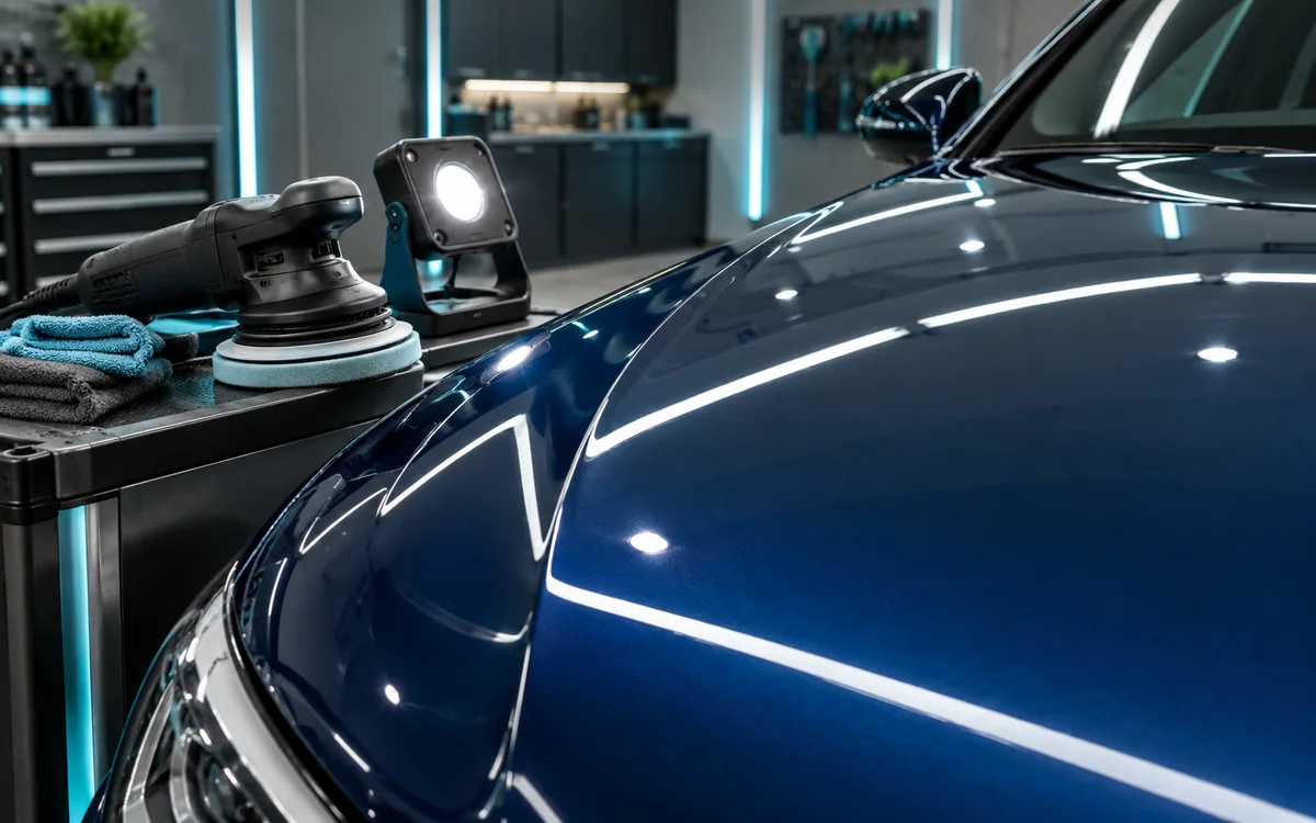 Dual-action polisher beside a clear reflective dark blue car hood