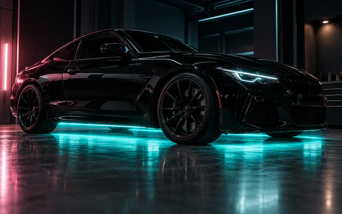 Low side view of turquoise underglow beneath a black coupe