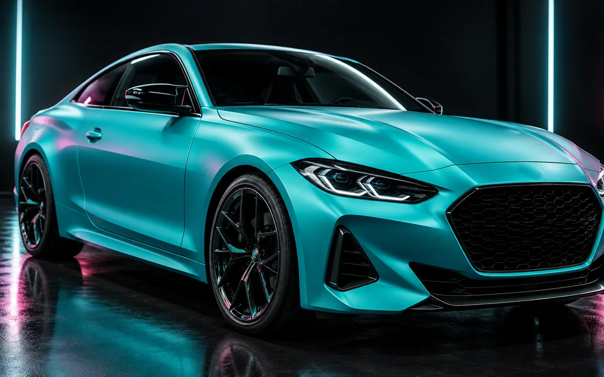 Completed satin turquoise vehicle wrap on an unbranded coupe
