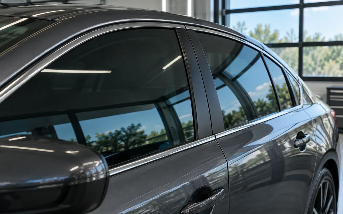 Clean film edges on the tinted side windows of a dark sedan