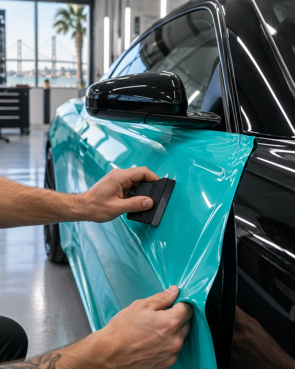 Technician applying turquoise vinyl to a black coupe inside a clean studio