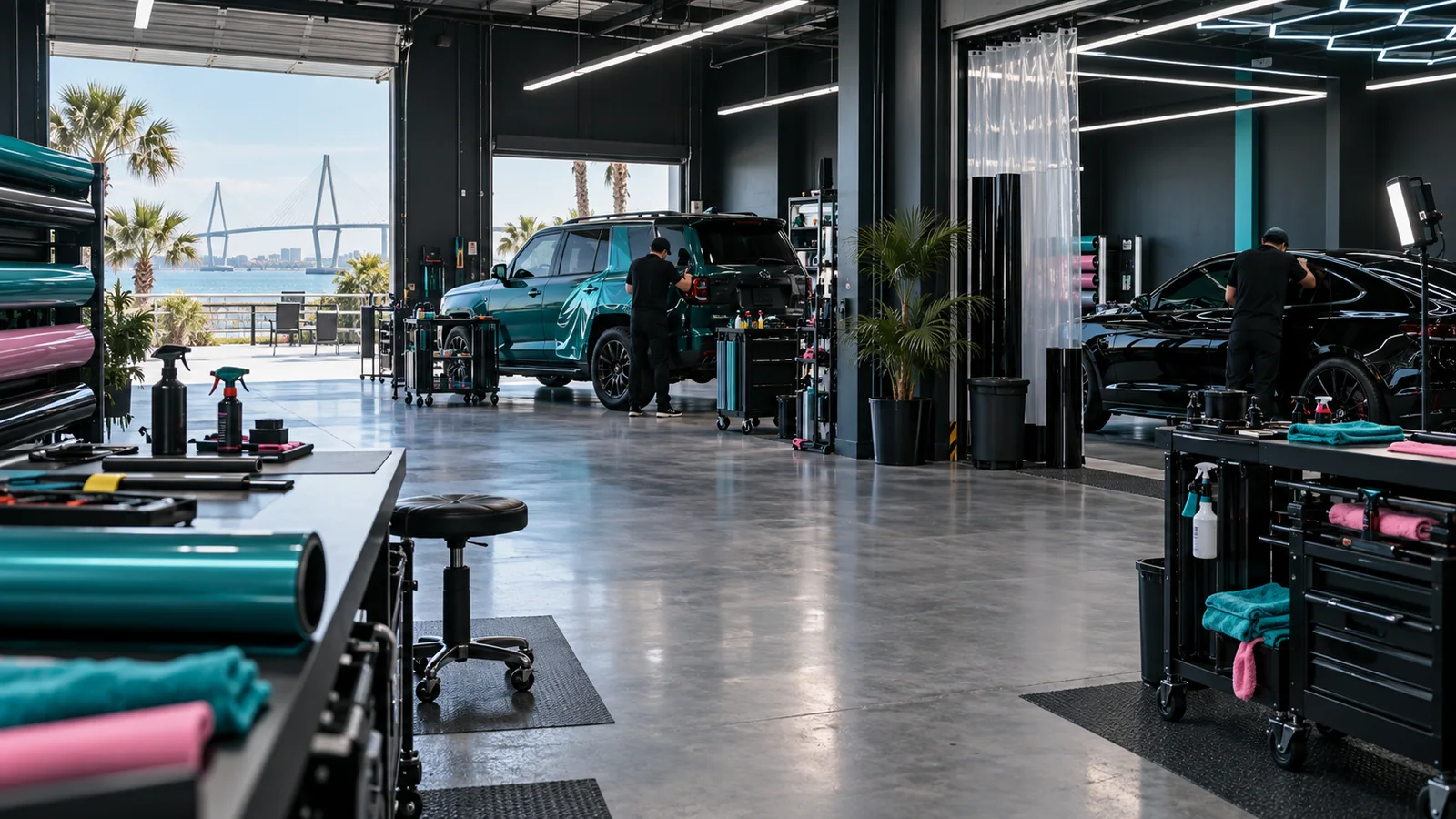 Black customized coupe inside a clean Charleston vehicle studio