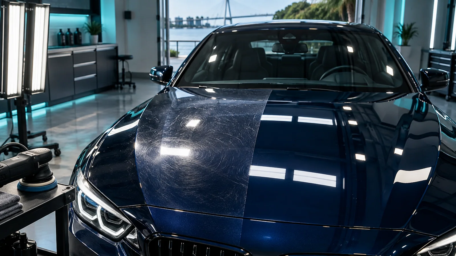 Dark blue sedan under paint inspection lights with corrected glossy hood