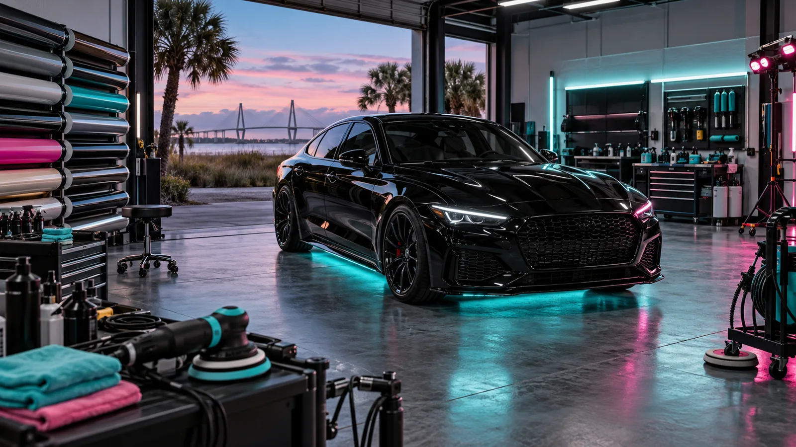 Charleston auto studio with wrapped, tinted, and coated unbranded vehicles