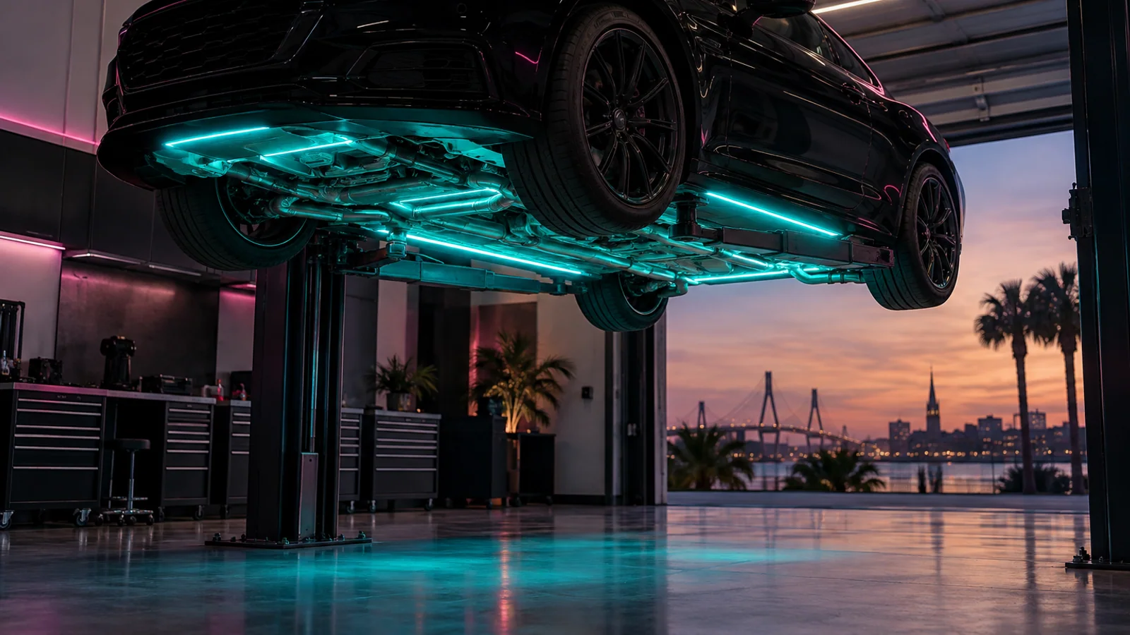 Black coupe on a lift with tasteful turquoise underglow lighting