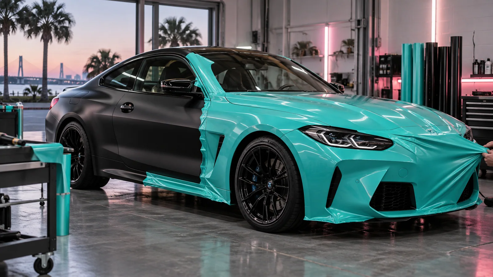 Turquoise vinyl being installed on a black performance coupe in a Charleston wrap studio