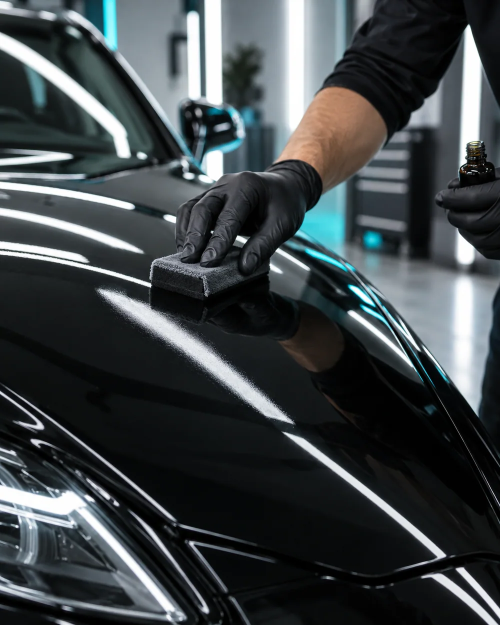 Gloved hands applying ceramic coating to glossy black paint