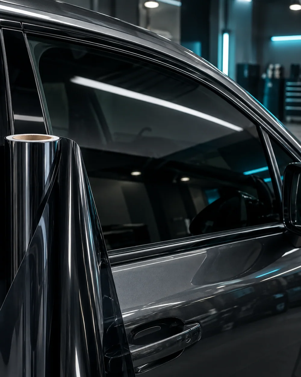 Ceramic window film roll beside freshly tinted vehicle glass