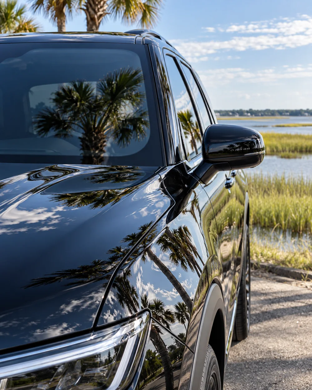 Glossy black vehicle reflecting palmettos and a Mount Pleasant coastal sky