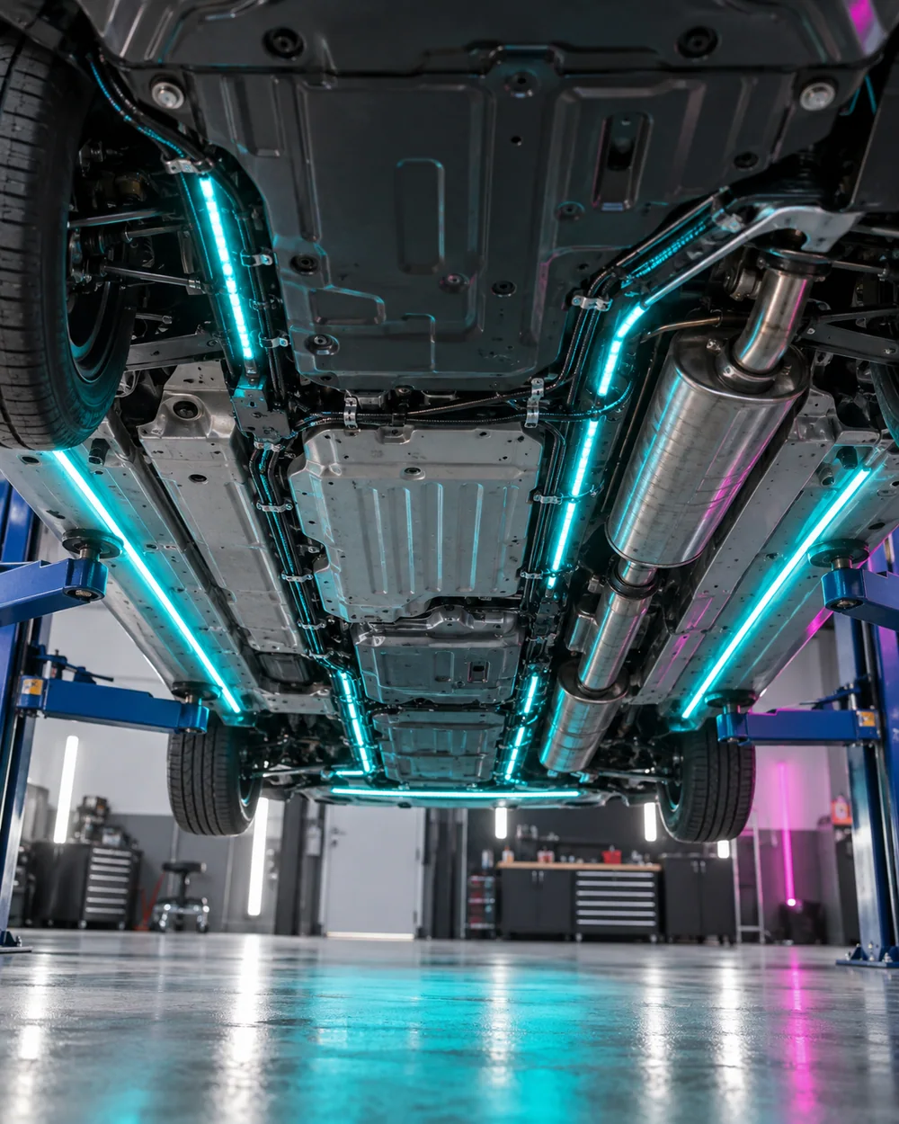 Sealed LED lighting mounted neatly along a vehicle chassis