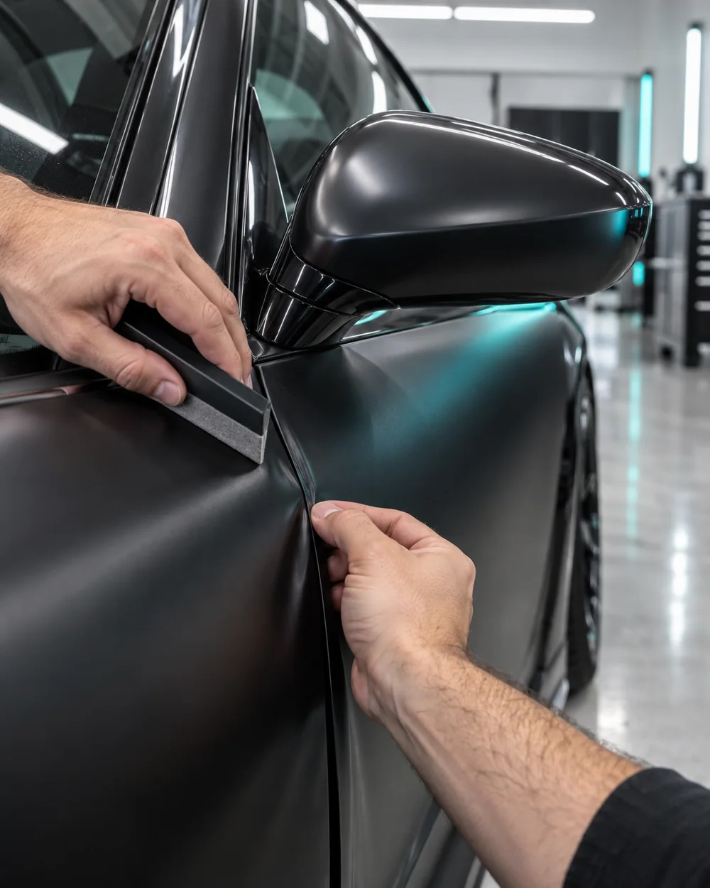 Hands smoothing turquoise vinyl around a car door and mirror