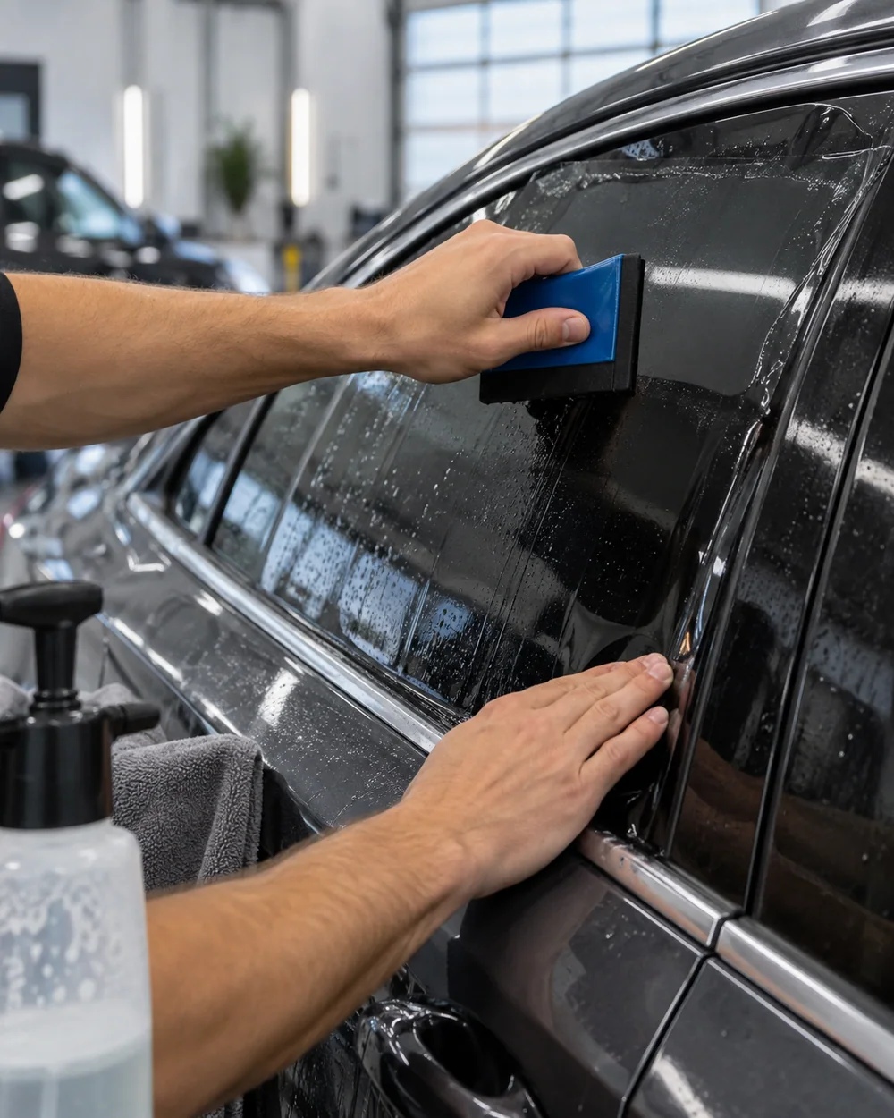 Hands installing window film on the side glass of a car