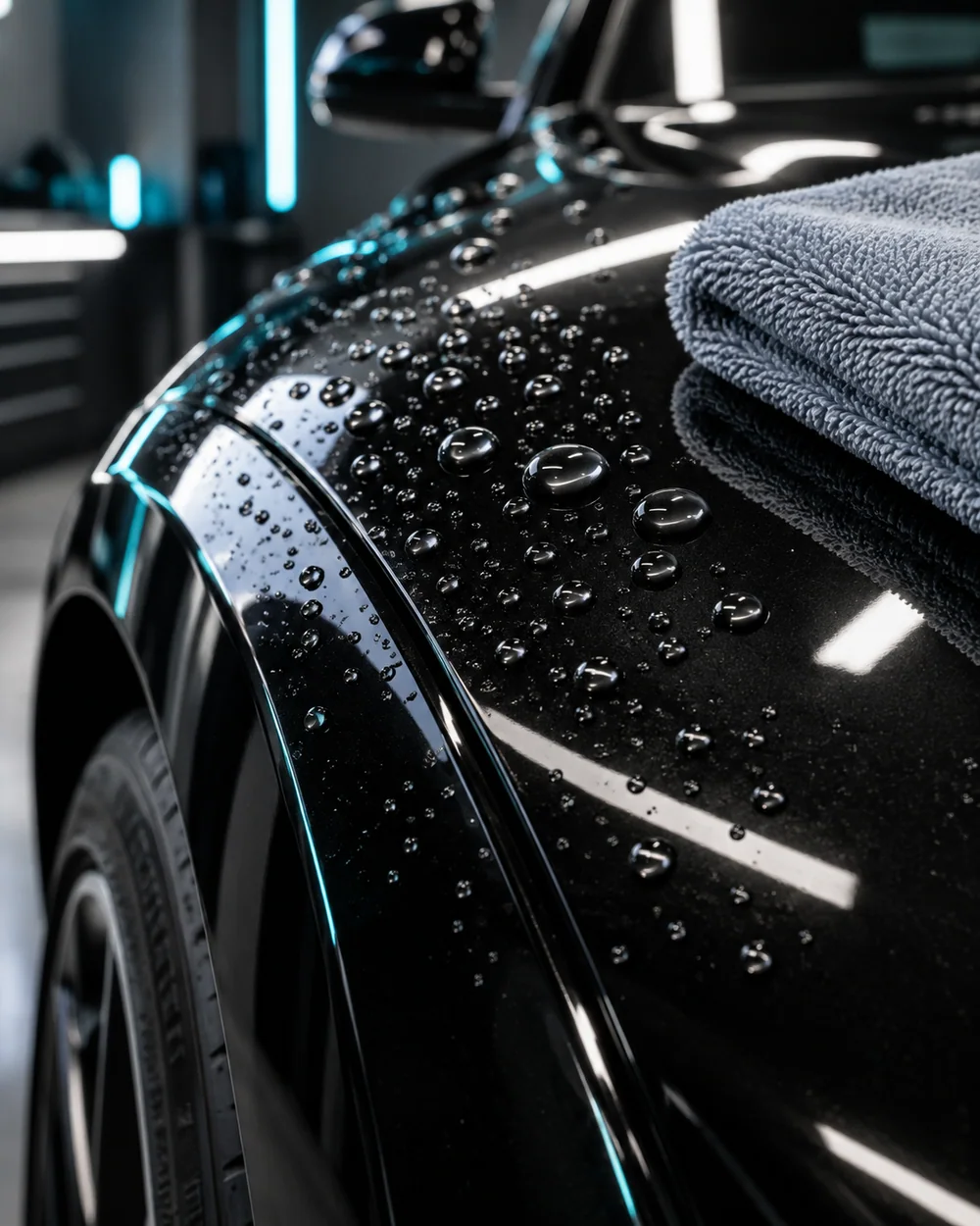 Inspection lights reflecting across freshly prepared black vehicle paint