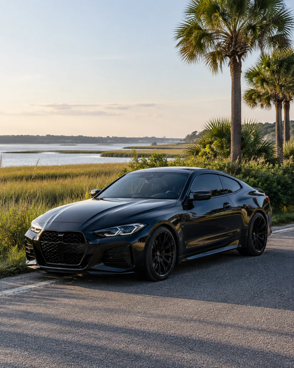 Customized black coupe parked beside Mount Pleasant marsh grass and palmettos