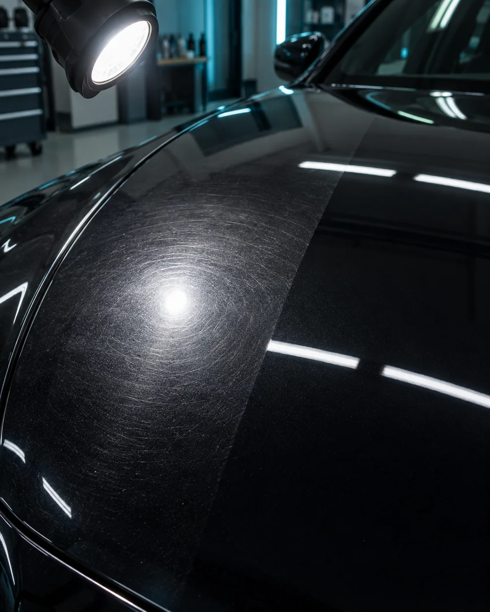 Swirl marks visible under an automotive paint inspection light