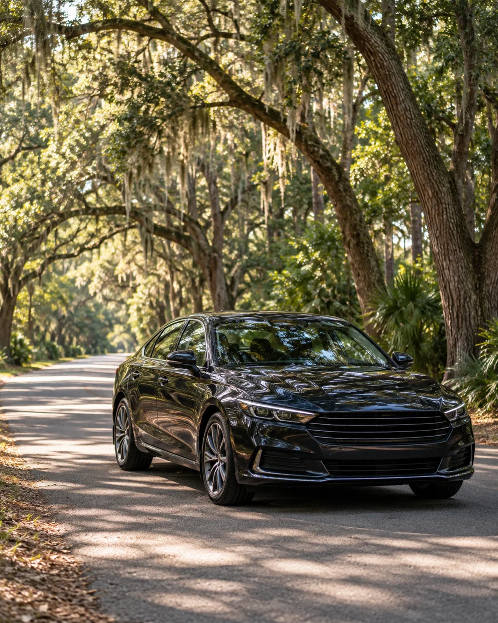 Dark customized sedan beneath mature Summerville pines and live oaks