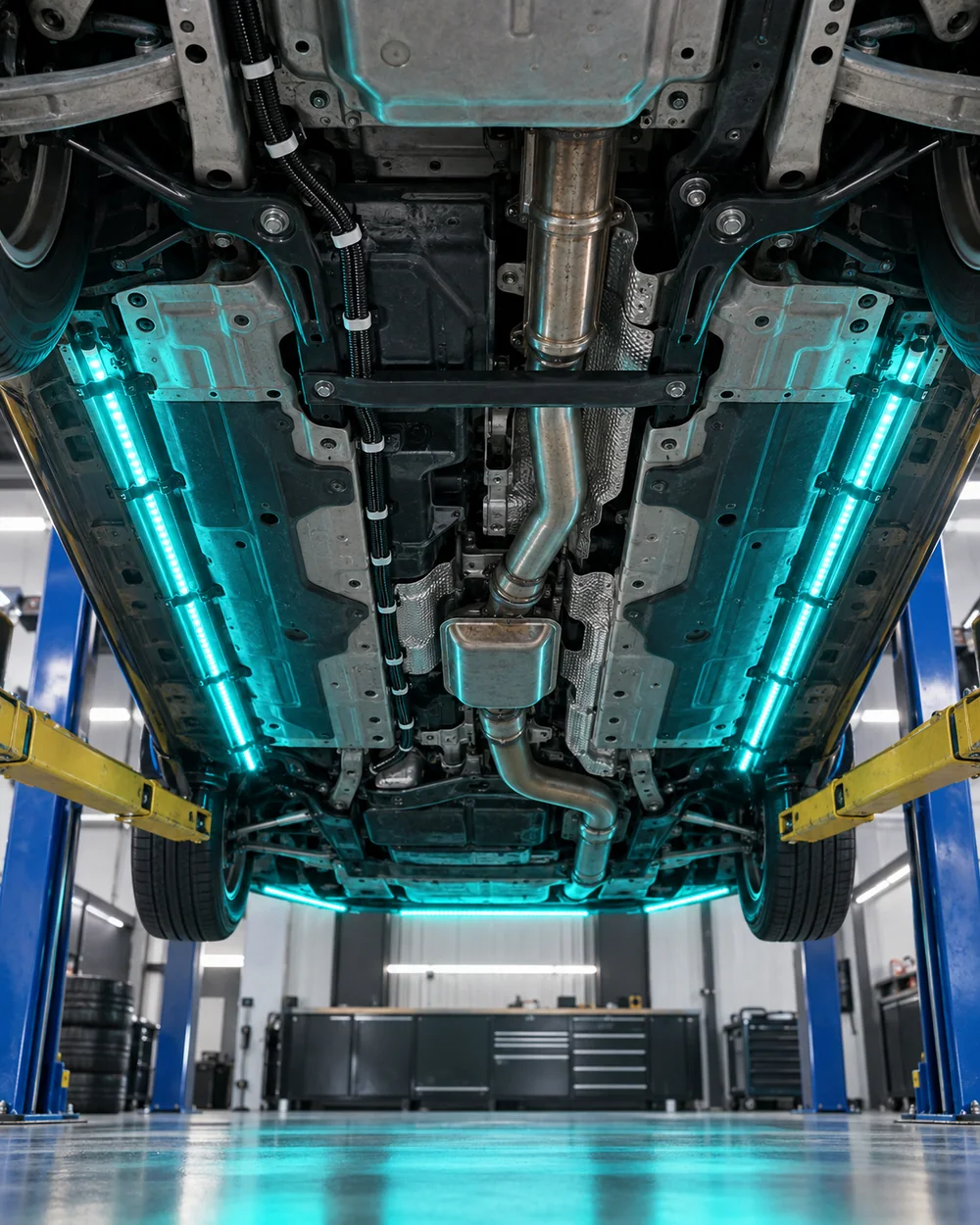 Automotive LED wiring and mounting points inspected beneath a car