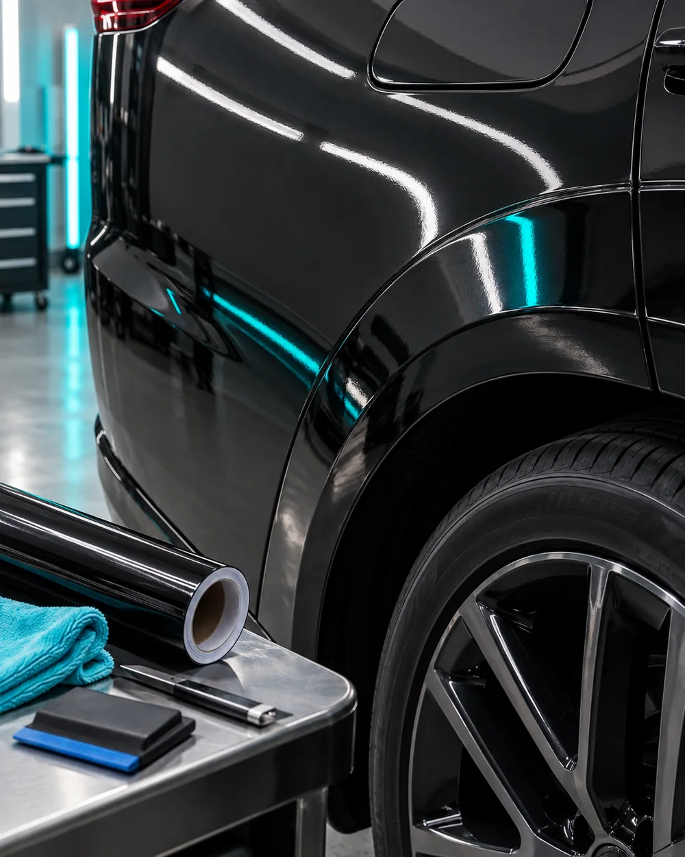 Vinyl wrap edge inspection along a dark car body panel