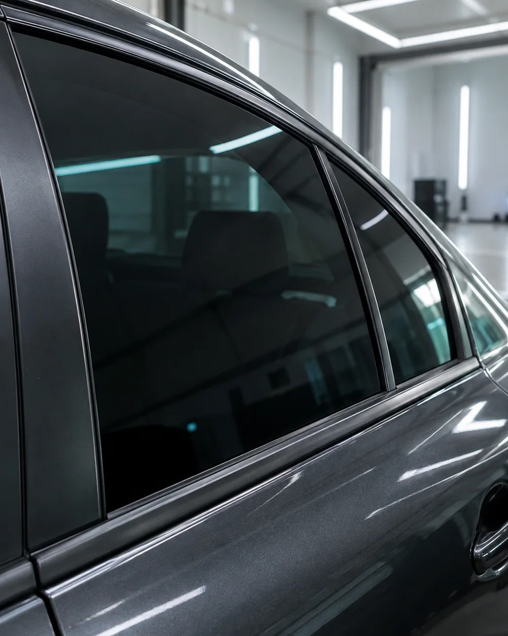 Automotive window glass being checked under bright installation lights