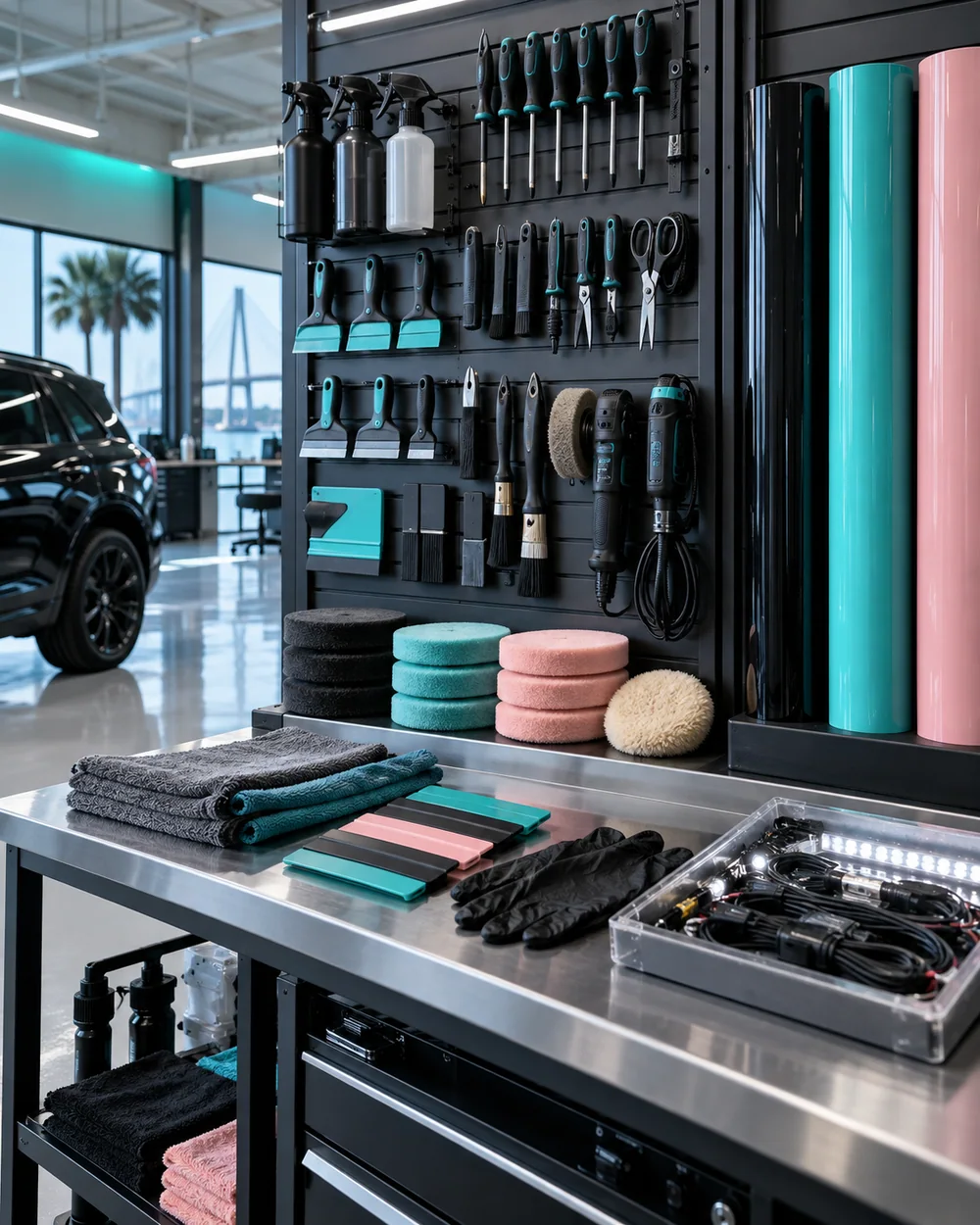 Technician inspecting the finish on a black vehicle in a Charleston customization studio